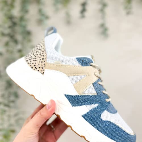 Basket basse pour femmes POELMAN Carocel Denim blanc glitter beige imprimé taches et lacets bicolores