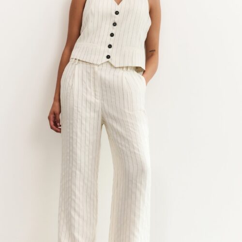 Pantalon en lin mélangé à rayures coupe large - YAYA - écru