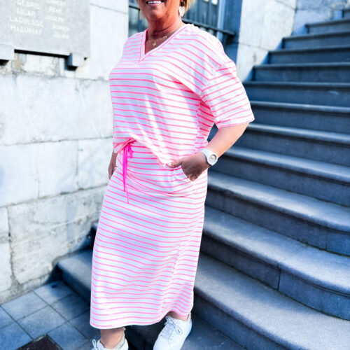Jupe midi fendue lignée - Lora - blanc et rose fluo