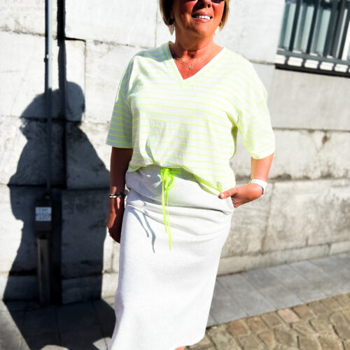 Jupe midi unie avec cordon fluo - Camille - Gris chiné et jaune fluo