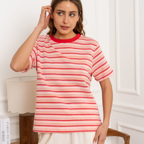 T-shirt col rond ligné - Elise - rose
