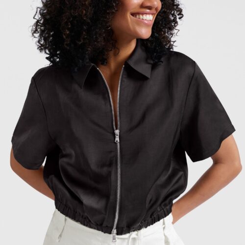 Veste satinée manches courtes avec fermeture éclair - YAYA - Washed black