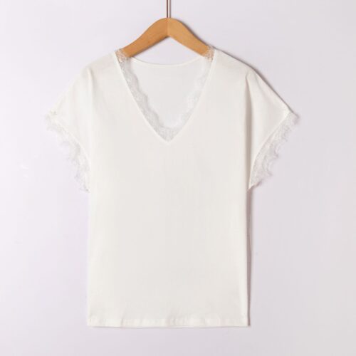 T-shirt uni en coton col v avec détails dentelle - Dori - blanc