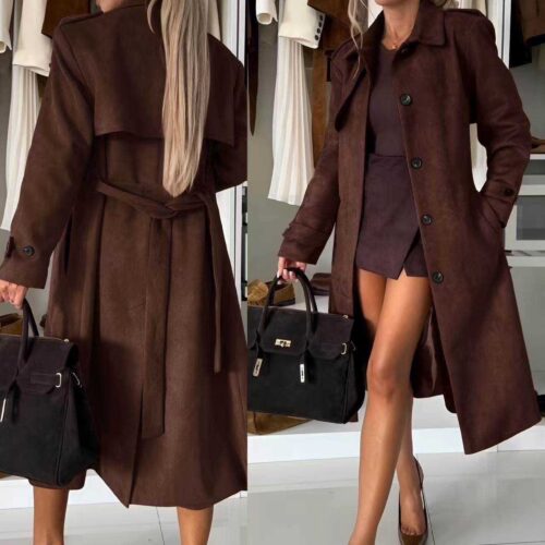Manteau long en suédine effet daim - marron