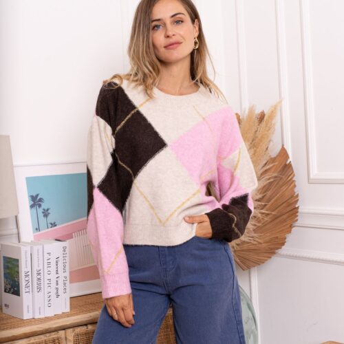 Pull en mailles - Losi - rose et chocolat